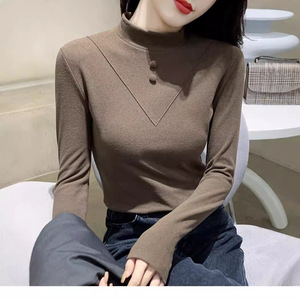 Women Long Sleeve High Neck Thermal Top Slim Fit Inner Wear Autumn Winter Warm Shirt Khaki Color Polyester Fabric - Product Image 1