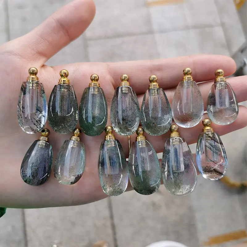 Natural Quartz Crystal Drop Shaped Rutilated Gemstone Garden Quartz Car Diffuser Perfume Bottle Essential Oil Bottle