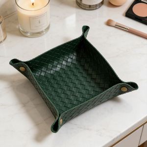 Multi-Use Woven Leather Classic Square Jewelry Organizer Makeup <b>Storage</b> Box Portable <b>Dressing</b> <b>Table</b> Earrings Rings Keys Tray - Product Image 4