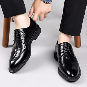 Chaussures décontractées noires en cuir véritable à bout pointu, lacets, semelle extérieure en caoutchouc antidérapante, semelle intermédiaire en EVA, solides, vente en gros - Product Image 2