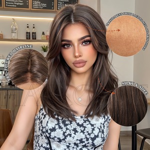 Perruque MONO à base filet, nouée à la main, en fibre japonaise haute température, effet naturel, coupe dégradée, raie centrale, frange, raie libre, cheveux lisses et volumineux - Product Image 2