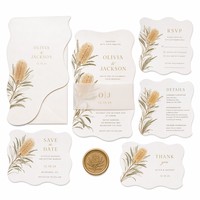 Conjunto de Invitaciones de Boda de Lujo |   Papel Perlado Plano Botánico Nativo Personalizado para la Marca DTC