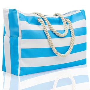 Bolsa de Compras de Lona Ecológica con Logotipo Personalizado, Estilo Bohemia, Gran Capacidad, Asas de Cuerda, Rayas, para la Playa, para Mujer - Product Image 4