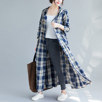 Robe Chemise Décontractée en Lin et Coton Tissé Vintage Automne Hiver, Coupe Ample à Manches Longues, Motif Carreaux, Boutons, Capuche à Cordon, Poches, Respirante