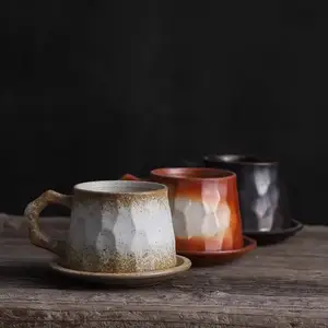 批发手工粗陶咖啡杯茶碟套装复古可重复使用陶瓷环保卡布奇诺浓缩茶杯