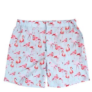 Shorts pour hommes en lin, décontractés, coupe classique et ajustée, taille mi-haute élastique, entrejambe de 5 pouces, à enfiler, imprimé flamant rose, pour l'été et la plage - Product Image 1