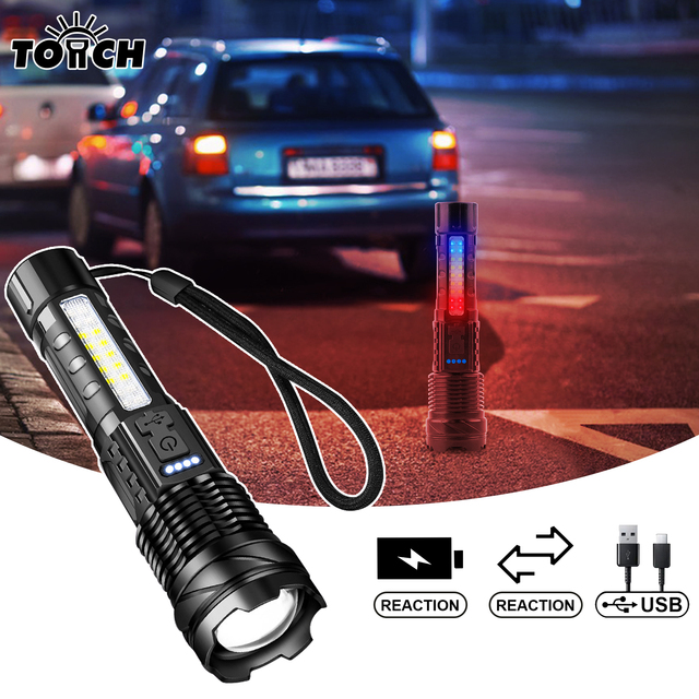 New White Laser Telescopic Zoom Flashlights USB Rechargeable Torchlight Led High Lumen Warning Outdoor Camping Torch Light
