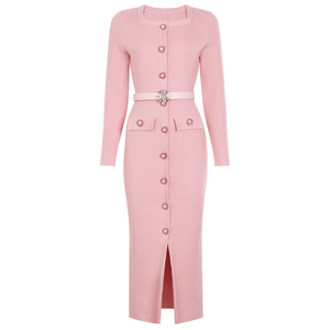 KD2402 Abito di Alta Qualità all'Ingrosso con Scollo Quadrato, Maniche Lunghe, <span class=keywords><strong>Bottoni</strong></span> con Strass, <span class=keywords><strong>Vestito</strong></span> Maglione alla Moda da Donna con Cintura - Product Image 4