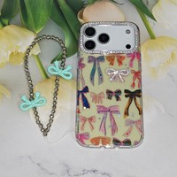 Coque de téléphone transparente avec nœud mignon et paillettes, cadre d'appareil photo en strass, et dragonne perlée, protection pour iPhone 17 Pro Max Samsung