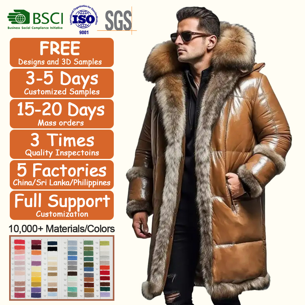 Clothes Manufacturer Wholesale Winter Leather Down Coat Thick Mid-Length Hooded Faux Collar Fox Fur Coat Men Plus Size Fur Coat