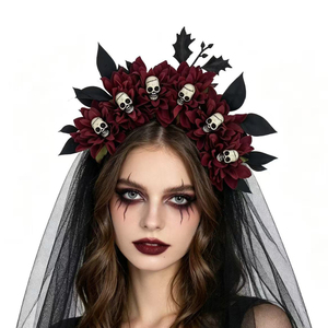 Voile noir d'Halloween avec couronne florale squelette pour déguisement funéraire, bandeaux de mariée, accessoires de cheveux gothiques pour fête - Product Image 4