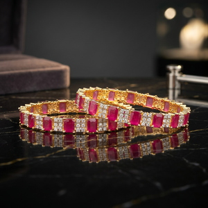 Famous Classic American CZ Bangles with Two Tone Plating 2 Pc Set Nickel & Lead Free Peace Design for Women & Girls - Product Image 3