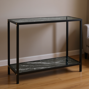 Tempered Glass Console <b>Table</b> Black Powder Coated Steel Modern Living Room Furniture - Product Image 2