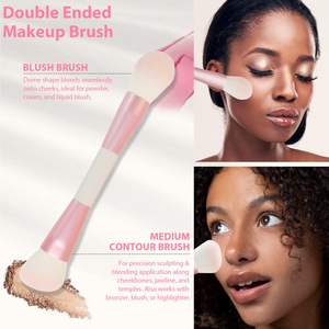 YRX Lot de 5 pinceaux de maquillage double embout rose et blanc avec logo personnalisé, pinceaux de maquillage double embout pour fond de teint, fard à joues et fard à paupières, avec pochette - Product Image 3