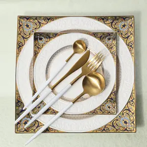 豪华瓷器仿古晚餐套装陶瓷皇家餐具方形金色供应盘