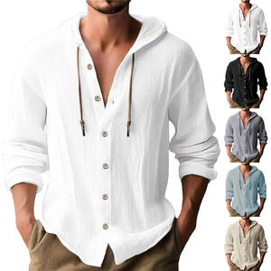OEM ODM in stock <span class=keywords><strong>camicia</strong></span> a maniche lunghe da <span class=keywords><strong>uomo</strong></span> tinta unita con cappuccio cardigan in <span class=keywords><strong>lino</strong></span> di cotone alla moda e versatile da <span class=keywords><strong>spiaggia</strong></span> allentata - Product Image 2