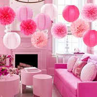 Décorations de fête rose vif - Lanternes en papier - Pompons - Guirlandes - Fournitures pour mariage, baby shower, enterrement de vie de jeune fille