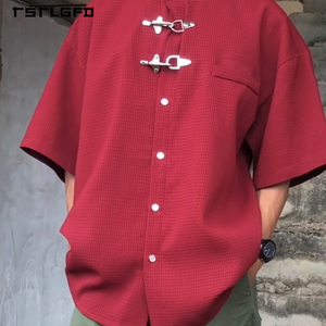 Chemise à manches courtes pour <span class=keywords><strong>homme</strong></span>, couleur bordeaux rétro, avec boucle de pompier, fermoir à homard, logo personnalisé, haute qualité - Product Image 1