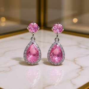 Pendientes Románticos de Cristal Rosa para Mujer, Diseño de Gota de Agua con Corte de Pera y Engaste de Garra, Material de Aleación, Perfectos para Fiestas - Product Image 2