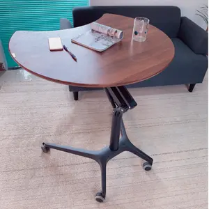 Working Office Round Wooden Desktop For Single Metal Column Standing Height Adjustable Rolling Desk