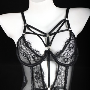 Body sexy en dentelle à armatures push-up pour femme, noir, ajouré, entrejambe ouvert, lingerie, costume - Product Image 1