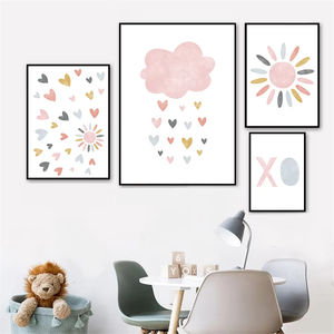 Stampa su Tela per Bambini con <span class=keywords><strong>Nuvole</strong></span> Rosa, Sole e Arcobaleno, Arte Murale per Cameretta, Poster Nordico per Decorazione Stanza dei Bambini - Product Image 4