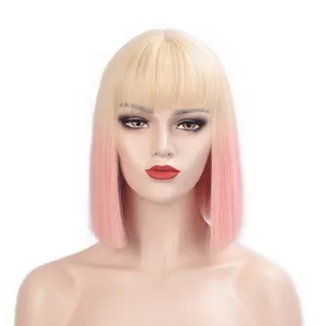 Vigorous Ombre Pink Wig With Bangs Synthetic Straight Short Cosplay Blonde Roots Costume Wigs for Women Natural Looking