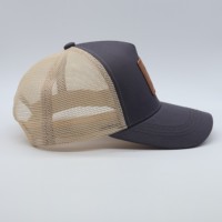 Gorro de 5 Paneles de Venta Caliente, Personalizado, Deportivo, Gris, Malla, Retro, Deportivo, Informal, para la Vida Diaria, con Parche de Cuero, Gorra Trucker de Algodón