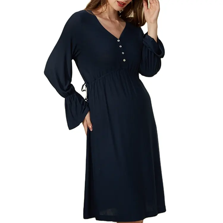 Ruffle long sleeve V-neck high waist drawstring design loose fit maternity dress