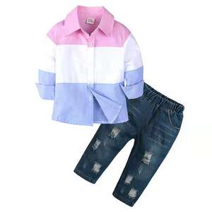 Infant Boy Suit Set <b>Girls</b> Autumn Gentleman Striped Shirts + Denim Pants Clothes 2pcs Children Sets Hole <b>Jeans</b> Kids Boy Clothing - Product Image 2