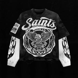 T-shirt court pour homme 300 GSM - Coupe ample style vintage streetwear avec manches longues imprimées et effet vieilli - Product Image 4