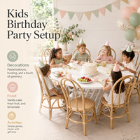 Ensemble table et chaises rondes en rotin naturel faites à la main pour enfants, idéal pour garderie, école maternelle, salle de jeux, intérieur, extérieur, fêtes et événements (location disponible)