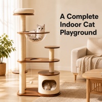 Meuble pour chat moderne à plusieurs niveaux en bois naturel, avec poteaux à gratter en sisal, bol en acrylique, coussin confortable et jouet interactif