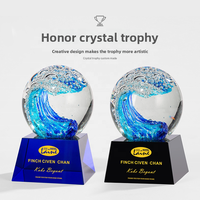Nouveau Trophée Rond en Verre Cristal Bleu Vague, Récompense Sphérique Créative, Modèle Sculpté, Cadeau d'Affaires Personnalisé, Commémoratif