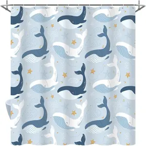 72x72 Inches Fish Blue Neutral Shower Curtain Waterproof Whale Shower Curtains for Bathroom with 12 Shower Curtain Hooks