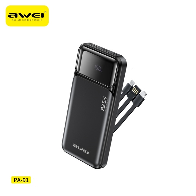 Portable Power Bank 3 Built-in Cables PD 25W Fast Charging QC4.0 Dual USB-C/USB-A Outputs Over-Charging Protection