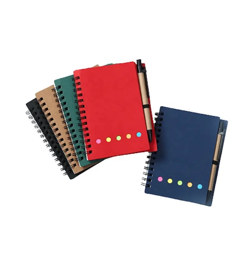 Promosi murah kustom Logo Spiral Notebook sampul kertas Kraft Notepad dengan catatan tempel dan pena ramah lingkungan