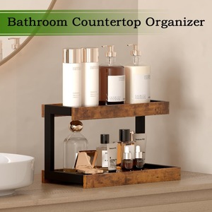 Iron and wood combination double-layer storage <b>rack</b> for <b>kitchen</b> utensils, coffee bar, and bathroom towel <b>rack</b> - Product Image 3