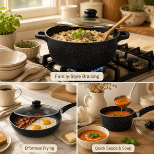 Chauffe-plat <span class=keywords><strong>en</strong></span> <span class=keywords><strong>fonte</strong></span> Aluminium Cuiseur vapeur Céramique Granit Pot à fond plat Batterie de cuisine <span class=keywords><strong>en</strong></span> métal Casserole <span class=keywords><strong>Couvercle</strong></span> <span class=keywords><strong>en</strong></span> <span class=keywords><strong>verre</strong></span> pour usage domestique - Product Image 4