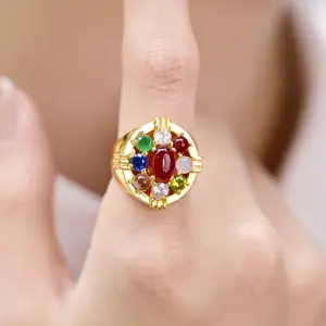 Hot Selling Retro Fashionable 18K Plated Inlaid Zirconia Ring Light Luxury Colored Gemstones for Daily Wear Personalized Jewelry