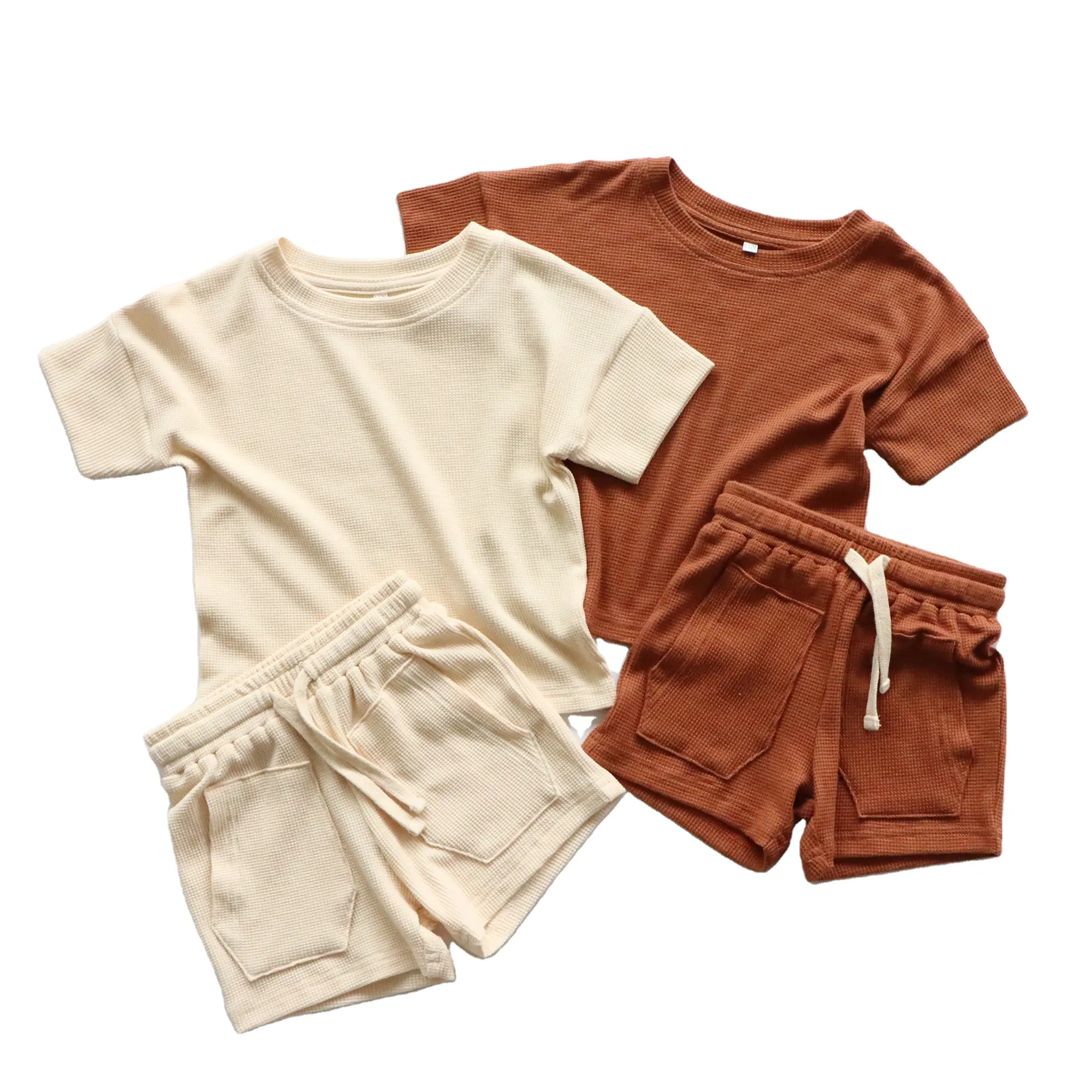 Custom Oem Odm Children Baby Boys Girls Top Draw-string Shorts 100%cotton Waffle Toddler Kids Clothing Set