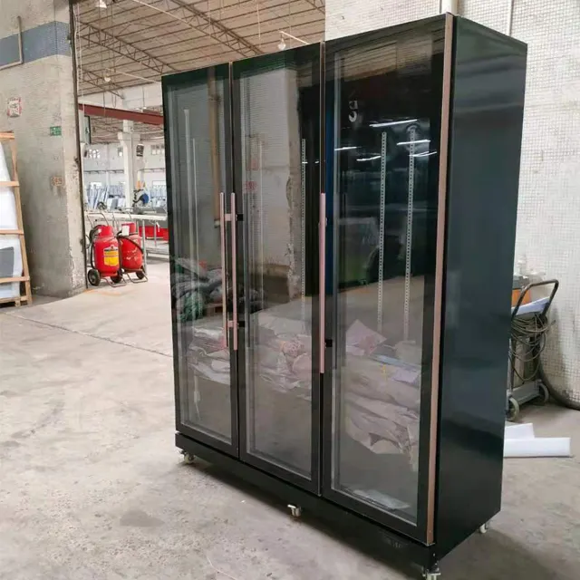 1350 liter 3 glass doors air cooling compressor build in golden color frame upright cooler showcase fridge