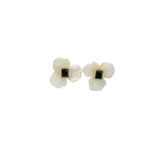 Fashion <b>Stud</b> <b>Earrings</b> 316L Stainless Steel PVD Gold Plating Sustainable Resistant White Flower <b>Black</b> Stone - Product Image 1