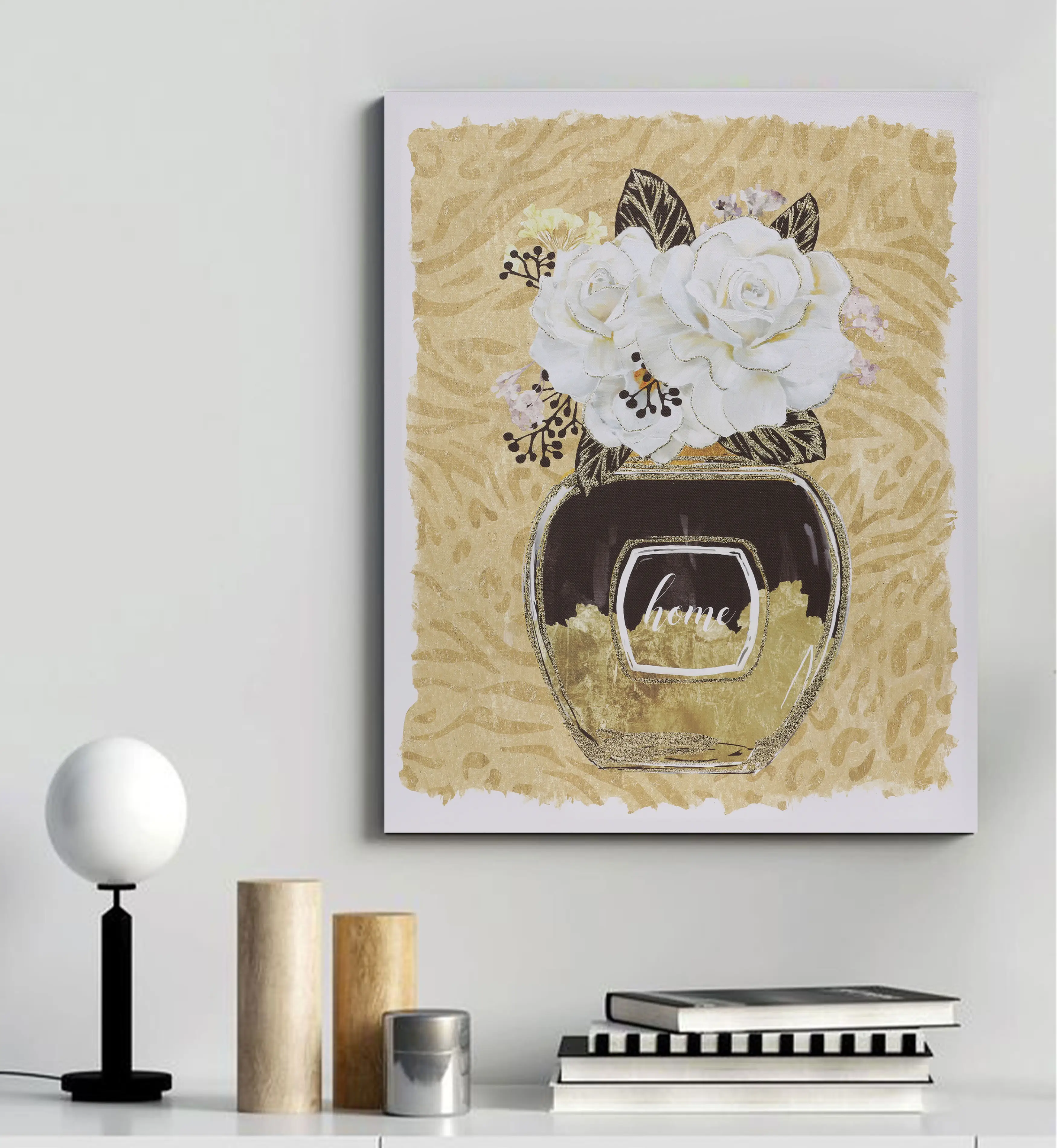 カスタムホーム壁掛け装飾金箔静物画ホワイトローズ花瓶キャンバスアート印刷