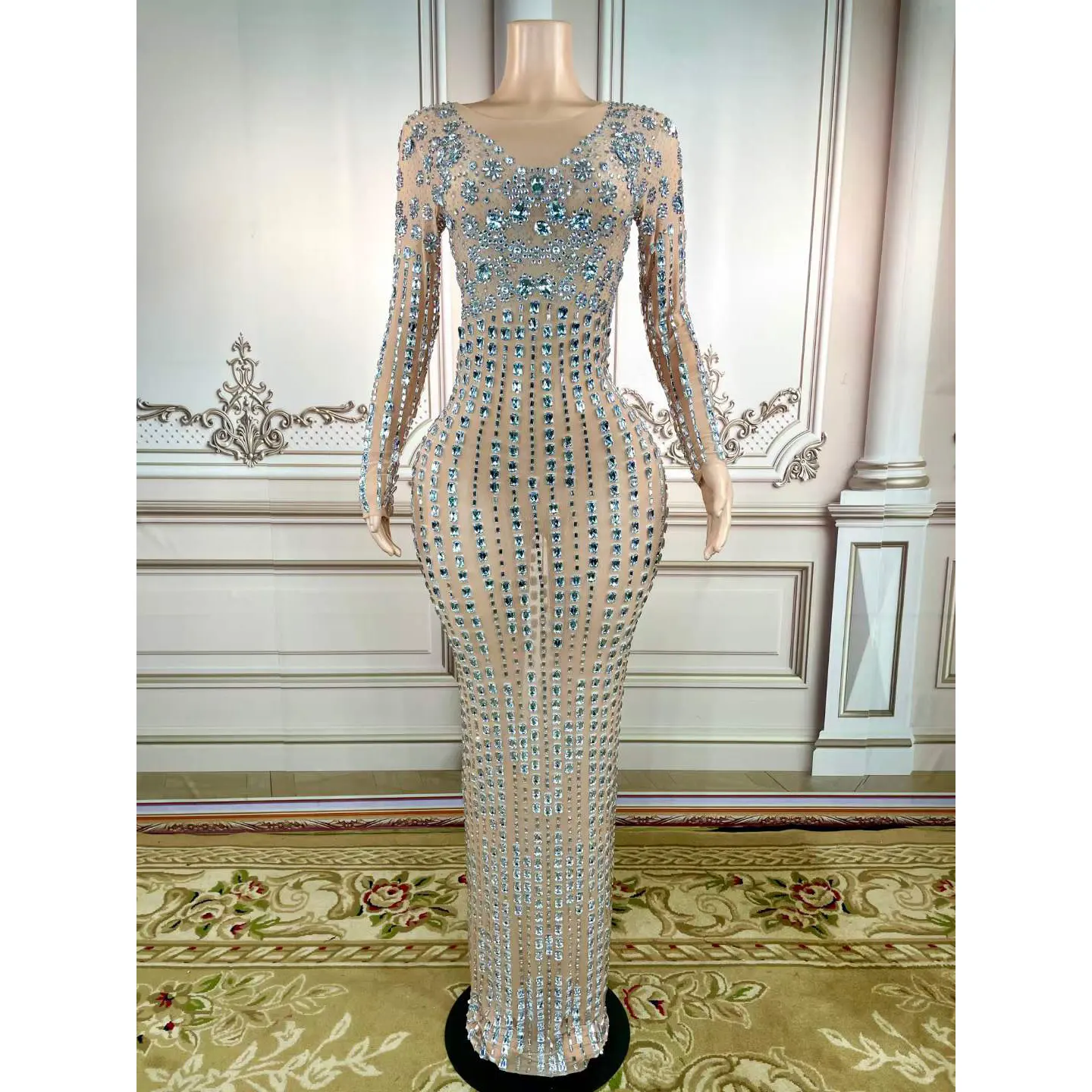 Latest Products Round Neck Long Sleeve Luxury Rhinestone Dress Crystal Bodycon Mesh See Through Women Maxi Dress
