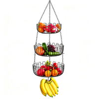 Panier de rangement pour fruits à 3 niveaux en fil métallique, panier mural pour fruits avec crochet pour bananes, pour cuisine et garde-manger