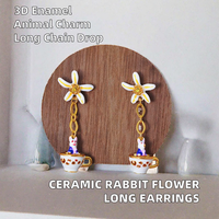 LBT Setelan Glasir Enamel Tiga Dimensi Keramik Anting Panjang Rantai Bunga Putih Kelinci Kecil Hadiah Model E252 Wanita Lucu