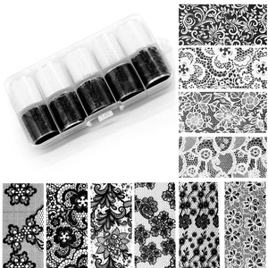 10-Roll Relief Lace Foil Nail Decals <b>Stickers</b> Black and White Small Floral Fragments Easy <b>Transfer</b> Floral Design for Nails - Product Image 1