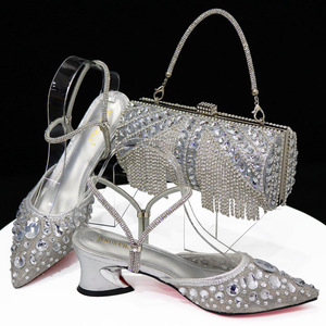 Women's <b>pointed</b>-<b>toe</b> strappy sandals, lace-up diamond-studded low-heeled shoes + round tube fringed handbag - Product Image 5