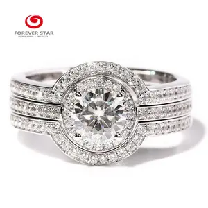 Factory Wholesale Fashional Design 14K White Gold 3 SetのRings D Color 1ct 6.5ミリメートルMoissanite Halo Engagement Ring